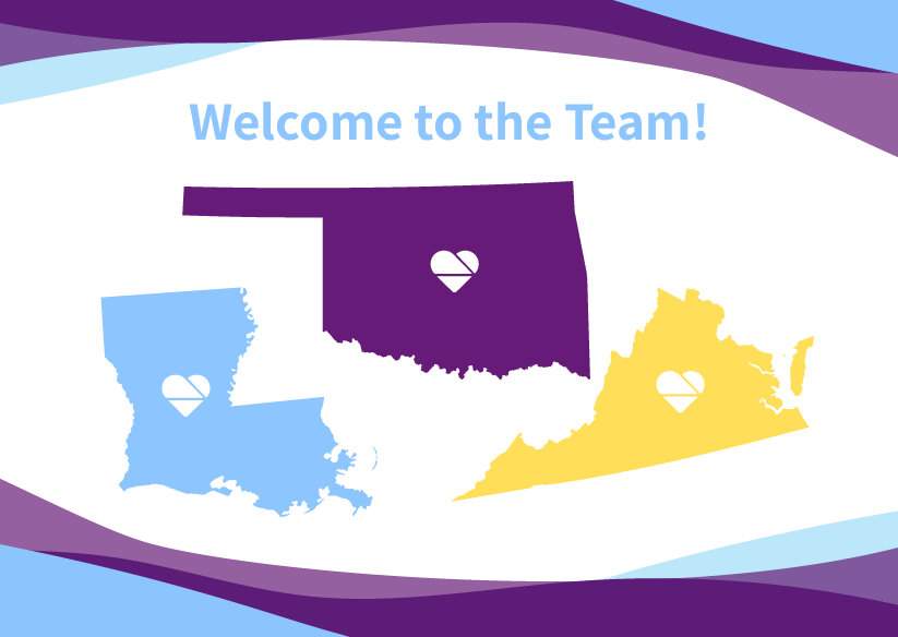 The state outlines for Louisiana, Oklahoma, and Virginia with "Welcome to the Team!" written above them.